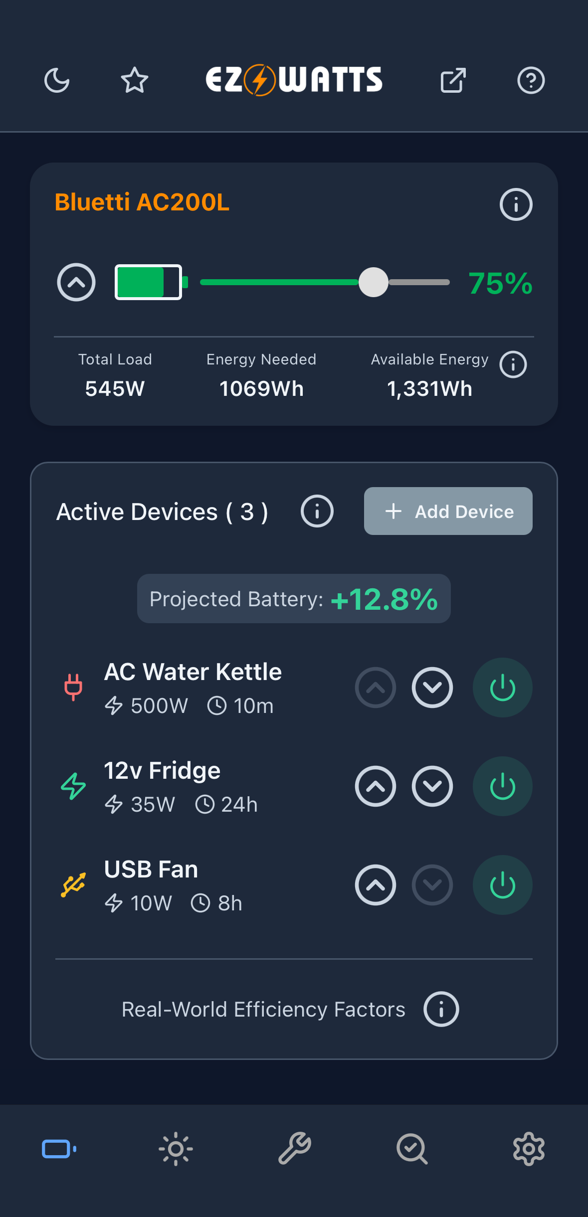 EZ Watts mobile app — Bluetti AC200L battery monitoring with active devices list